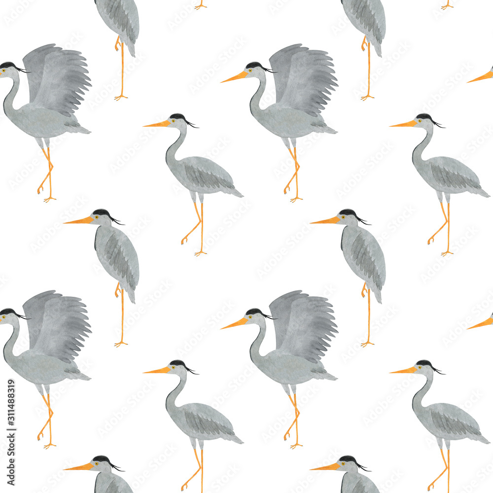 Obraz premium Heron bird watercolor seamless pattern animal