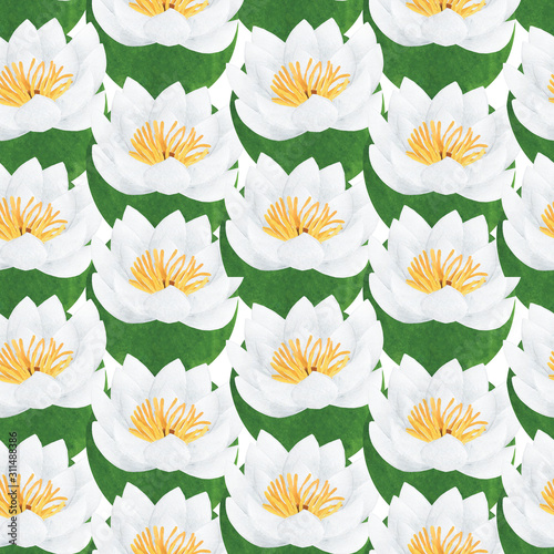 Watercolor water lily flowers seamless pattern