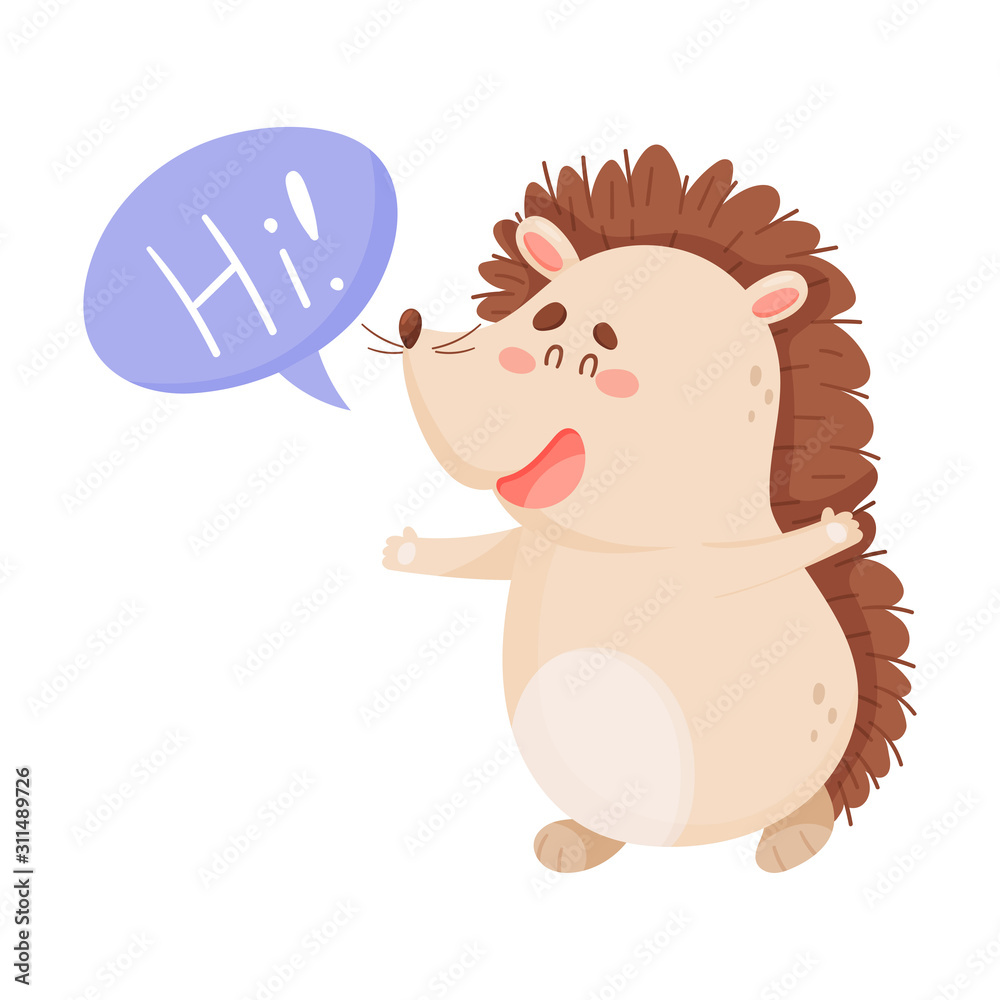 Funny Hedgehog Character Greeting Someone Waving Paws Vector Illustration Funny Hedgehog Character Greeting Someone Waving Paws Vector Illustration