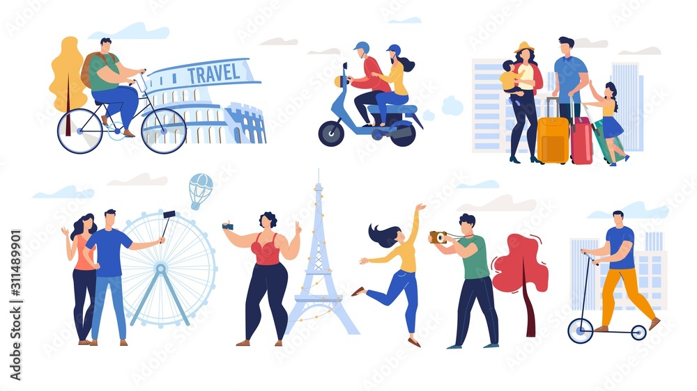 Traveling People Trendy Flat Vector Characters Set Isolated on White Background. Female, Male Tourists Riding Bicycle and Scooter, Traveling Family, Travelers Visiting Foreign Countries Illustrations