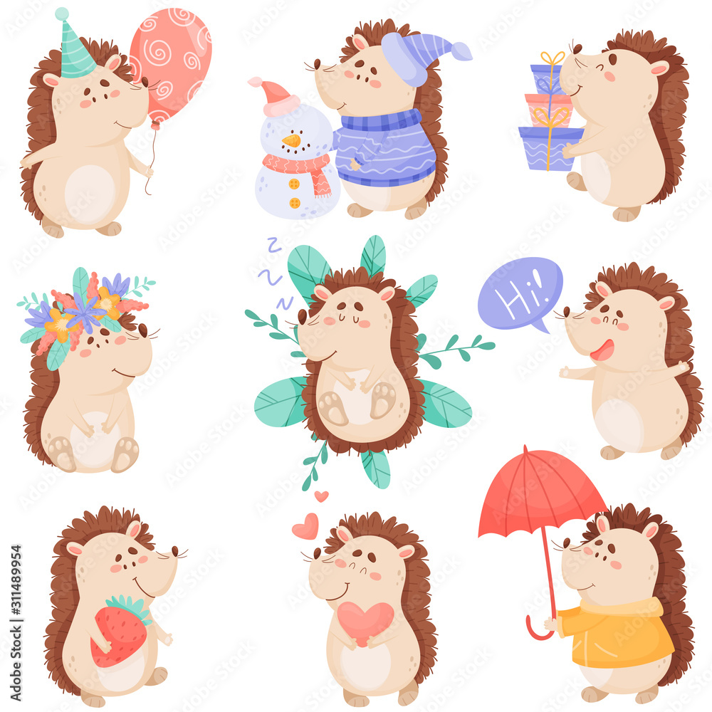 Obraz premium Cartoon Hedgehog Character Making Snowman and Holding Gift Boxes Vector Set