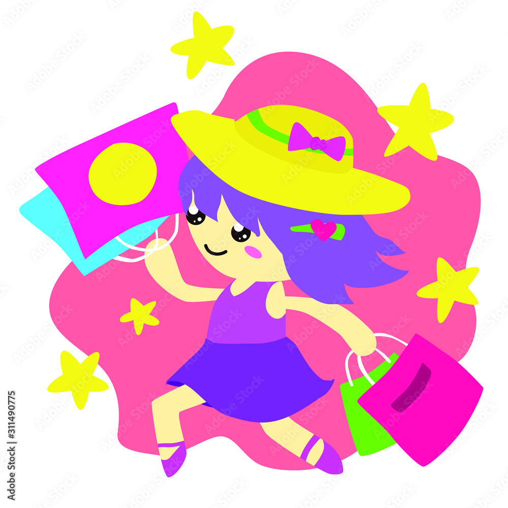 Kawaii girl is shopping, Happy shopper holds packages Kawaii girl is shopping, Happy shopper holds packages