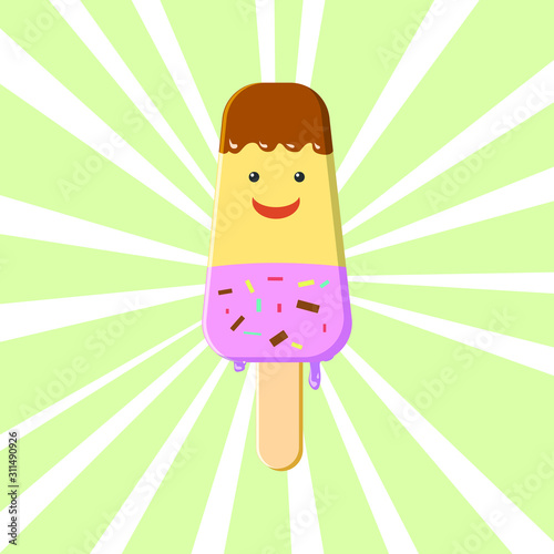 Lolly kawaii ice cream on shiny cartoon background