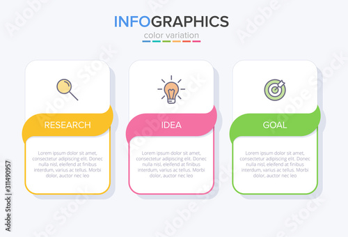 Concept of arrow business model with 3 successive steps. Three colorful graphic elements. Timeline design for brochure, presentation. Infographic design layout.