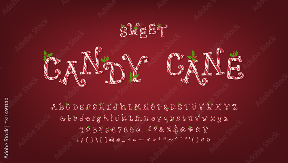 Candy cane alphabet for Christmas and New years design. Hand drawn curly vector font, red stripes and mistletoe decoration. Uppercase and lowercase letters, numbers. Dark red gradient background