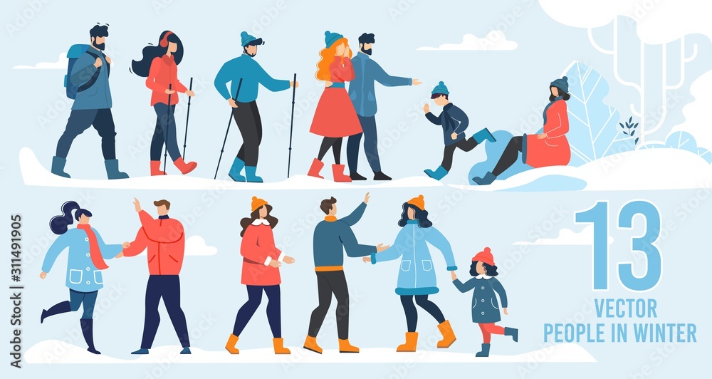 Vector People Character in Winter Scene Flat Set