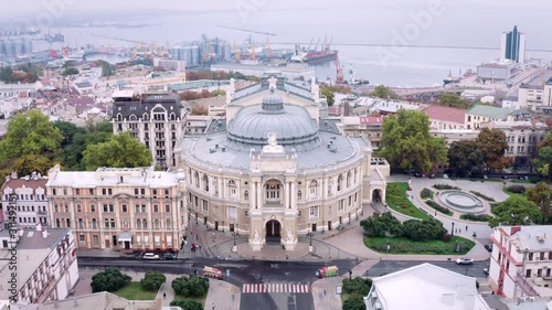 High to low descending drone view of Odessa Ukraine National Ballet Theater 4K