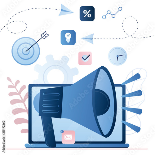 Email marketing concept background. Laptop with big loudspeaker for promotion. Sale message.