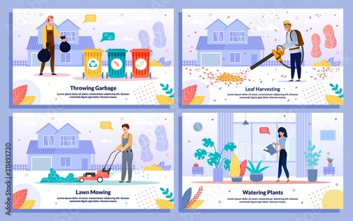 Professional cleaning services, housekeeping jobs trendy flat vector banners, posters set. gardener mowing lawn, worker harvesting leaves, throwing garbage bags, woman watering plants illustration