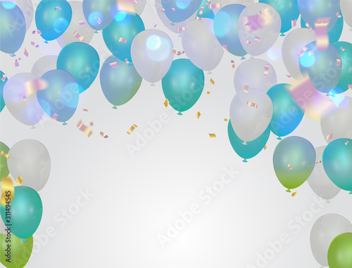 Festive poster with balloons and serpentine. Holiday decoration Vector background.