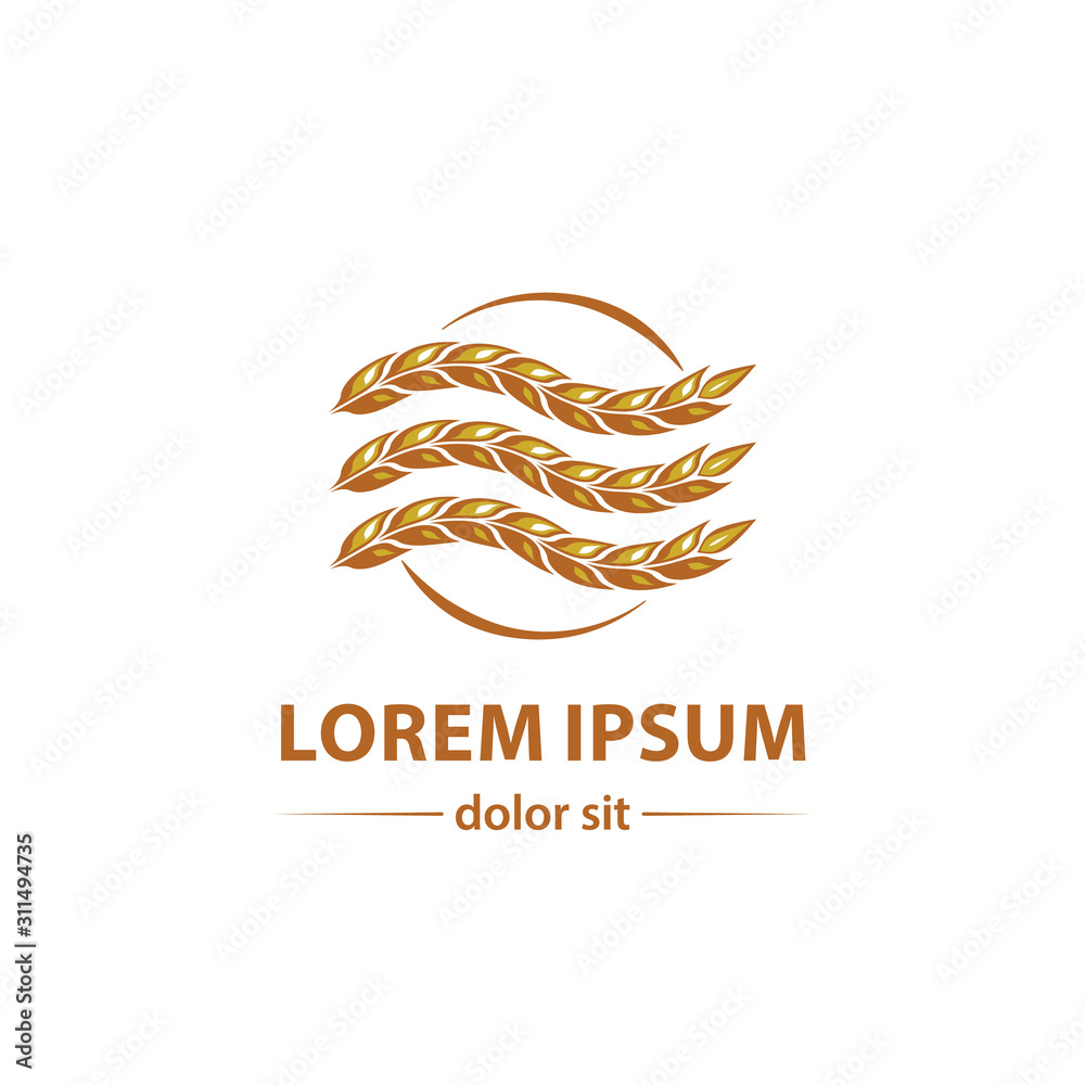 Abstract yellow three spikelets with wave effect icon. Wheat Spikelets as Harvest Symbol with Rotation Idea for the Agrarian or Bakery business card, branding and corporate identity.