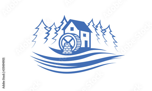 Water mill near the river and forest. Vector Blue Minimalistic Flat Illustration with a water mill.