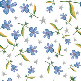 watercolor seamless pattern with violet, blue flowers with green leaves on white background