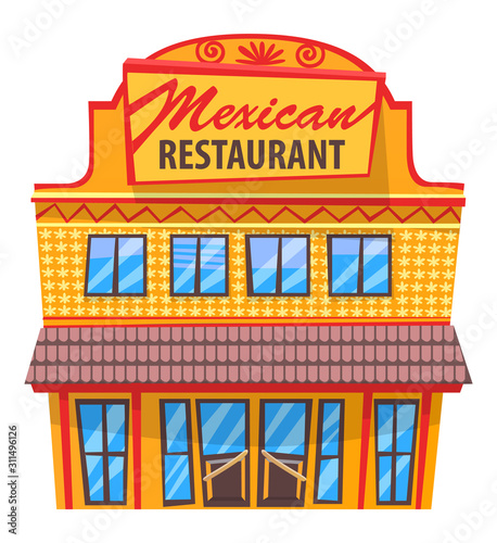 Fototapeta Naklejka Na Ścianę i Meble -  Mexican restaurant isolated icon of building made in traditional architectural style. Construction with signboard and windows. Light design of cafe with cuisine of one country vector in flat