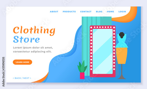 Clothing store with dress on mannequin, mirror and plant decoration of room. Shopping online of fashion apparel on dummy near glass. App slider or webpage template, website flat design style vector