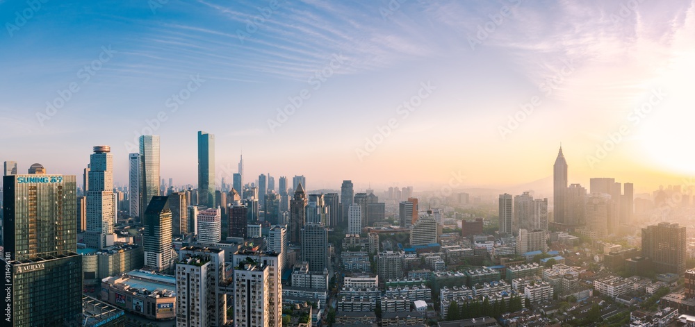 Panoramic View of Skyline of Nanjing City at Sunrise