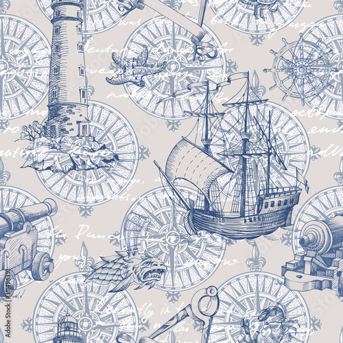 Old caravel, vintage sailboat, sea monster, old lighthouse. Vector seamless pattern. Monochrome hand drawn sketch. Vector seamless pattern for boy.
