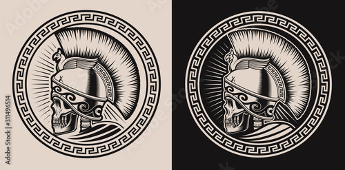 Set of illustrations with a skull in spartan helmet