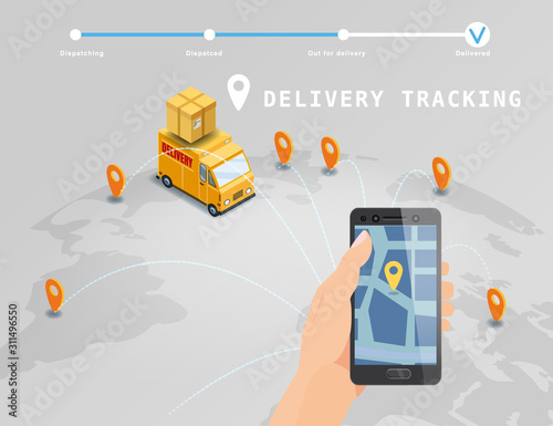 Delivery Global tracking system service online isometric design with truck, boxes on map Earth
