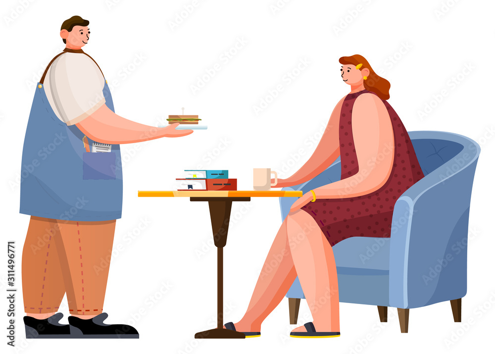 Two people on date in cafe on lunch. Man bring sandwich and woman drinking hot coffee or tea. Armchair and single leg table with books on it. Cozy place for relax in cafeteria. Vector illustration