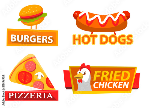 Burgers and hot-dogs, pizzeria and fried chicken logotype. Hamburger and pizza symbol, label with hen. Cafe or restaurant logo on white, snack with sausage and ketchup, fastfood menu, lunch vector