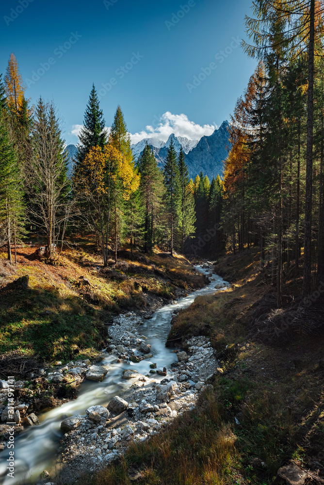 Beautiful alpine scenery / Small mountain river flowing through the forest with a dolomite mountains and bright blue sky background / South Tyrol, Italy Beautiful alpine scenery / Small mountain river flowing through the forest with a dolomite mountains and bright blue sky background / South Tyrol, Italy