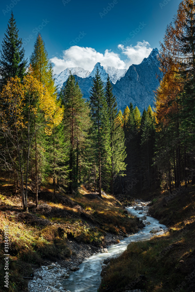 Premium Photo | Scenic alpine landscape with great dragon shaped mountain  under cloudy sky. Beautiful mountain scenery with big sharp rocks in cloudy  sky above coniferous forest. Awesome high mountain with peaked