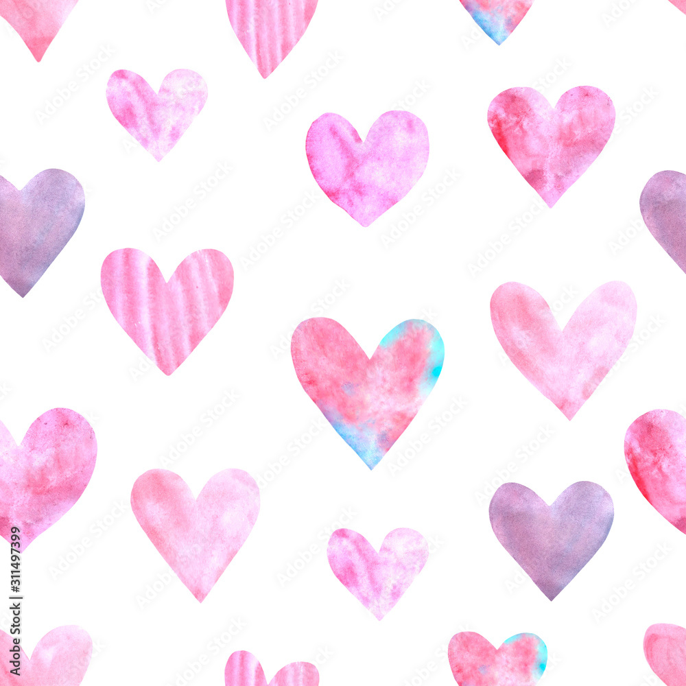Backgrounds, textures, frames, seamless patterns of red pink blue black watercolor hearts. Hand drawn. Love romance theme for birthday, Valentine's day, greeting card, wedding, wrapping paper