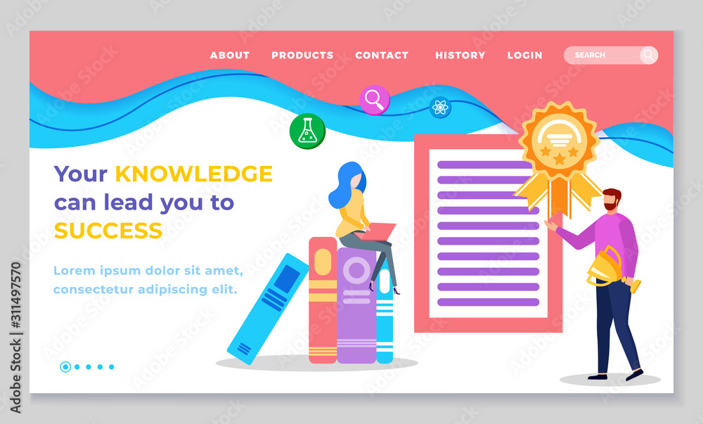 Your knowledge can lead you to success. Web page for online learning with navigation menu. Man and woman stand near books and diploma or certificate. Vector illustration of website in flat style