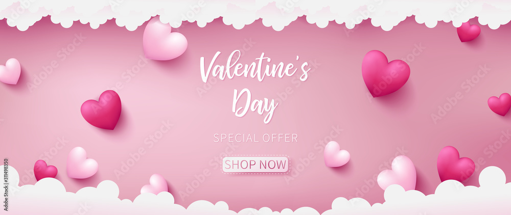 valentine banner as pink pastel theme consist of deep pink and pearl pink colors are in heart shapes