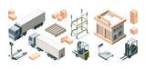Warehouse building, trucks and loading equipment vector isometric illustration set