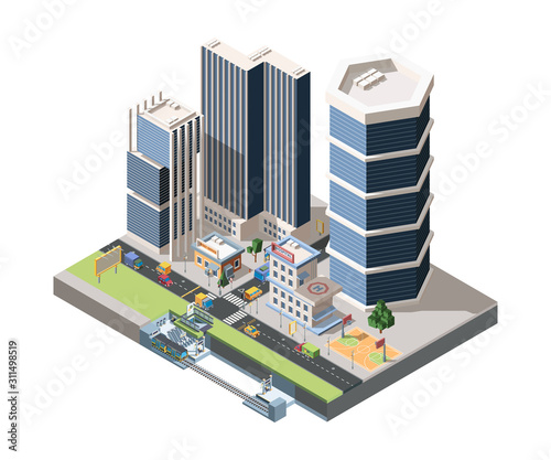 Megapolis street scenery detailed vector isometric illustration