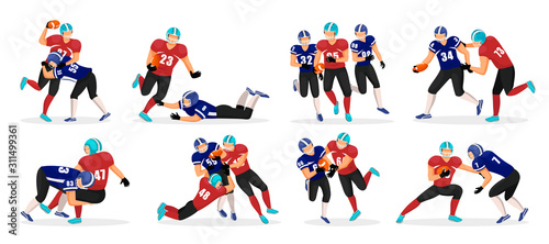 Collection of people playing american football. Set of different players pose in rough kind sport game. American football players in action. Professional athletes running with ball in hands