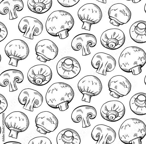 Seamless pattern of hand drawn sketch of champignon mushrooms with hatching on white background. Healthy wholesome vegetarian food. Vector engraving texture for wallpaper, fabric and your creativity.