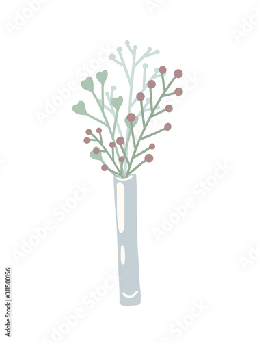 Flat color vertical vase with bouquet of herbs and branches with berry on white background. Spring romantic herbs. Vector rustic illustration for pin, sticker, card and invitation and your creativity.