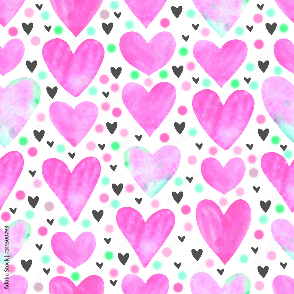 Backgrounds, textures, frames, seamless patterns of red pink blue black watercolor hearts. Hand drawn. Love romance theme for birthday, Valentine's day, greeting card, wedding, wrapping paper