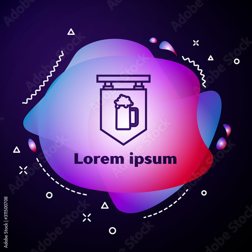 Purple line Street signboard with glass of beer icon isolated on dark blue background. Suitable for advertisements bar, cafe, pub, restaurant. Abstract banner with liquid shapes. Vector Illustration