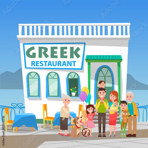 Smiling man and woman standing near greek restaurant. Parents holding children near cafe in white color, building with mountain and sea view, taverna construction, Greece architecture, dinner vector