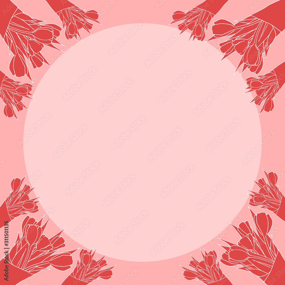 Fototapeta premium Lovely pink card for Valentine's Day. Bouquet and circle. Hand drawn. Vector stock illustration.