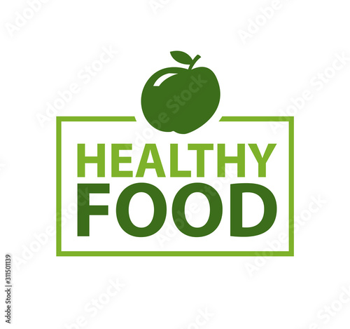 Healthy food inscription in frame topped by apple. Vector isolated green logo with fruit, natural organic dieting nutrition emblem. Logotype of bio company