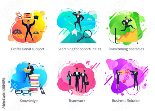 Business solution vector, overcoming obstacles and searching for opportunities isolated set, businessmen partners, knowledge males support flat style, business peoples on art background
