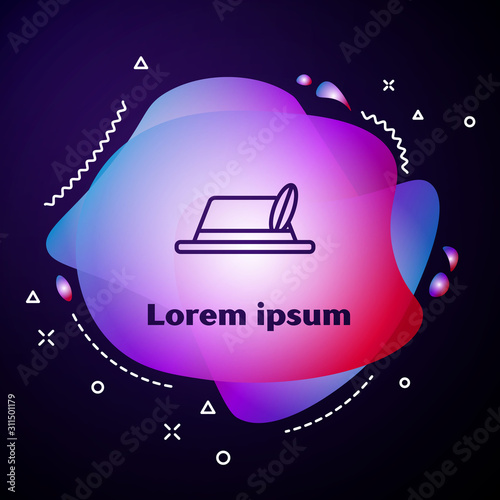 Purple line Oktoberfest hat icon isolated on dark blue background. Hunter hat with feather. German hat. Abstract banner with liquid shapes. Vector Illustration