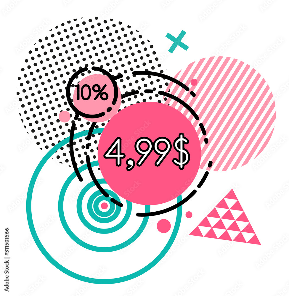 Shopping postcard with special promotion price and 10 percent discount. Business advertising poster with geometric bubble and pattern on white. Retail coupon on holiday with circle symbol vector