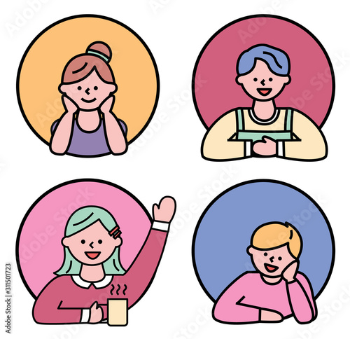 Collection of isolated characters, kids or teenagers smiling. People expressing emotions on face. Circles with personages, boys and girls. Dreamy female and laughing guy, vector in flat style
