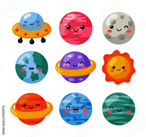 set of kawaii space icons. planets cartoon style. isolated on white background. vector illustration.