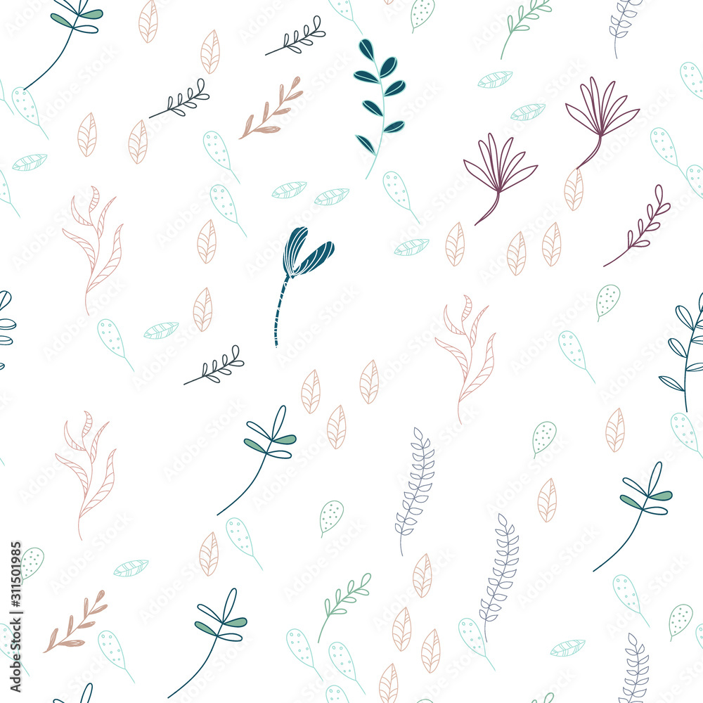 Obraz Trendy outline native foliage and leaves seamless pattern. Small and medium elements paradise flora leaves.Vector illustration.