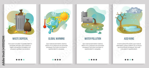 Global warming vector, acid rains and harmful substances, garbage disposal heat and hot temperature with melting planet, water pollution. Website or slider app, landing page flat style