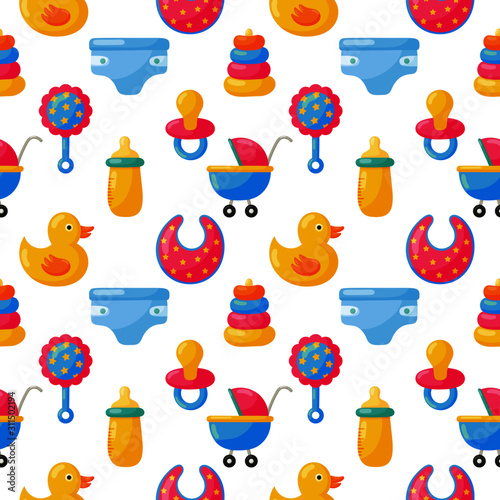 baby toys and clothes icons seamless pattern. newborn items on white background. vector Illustration.