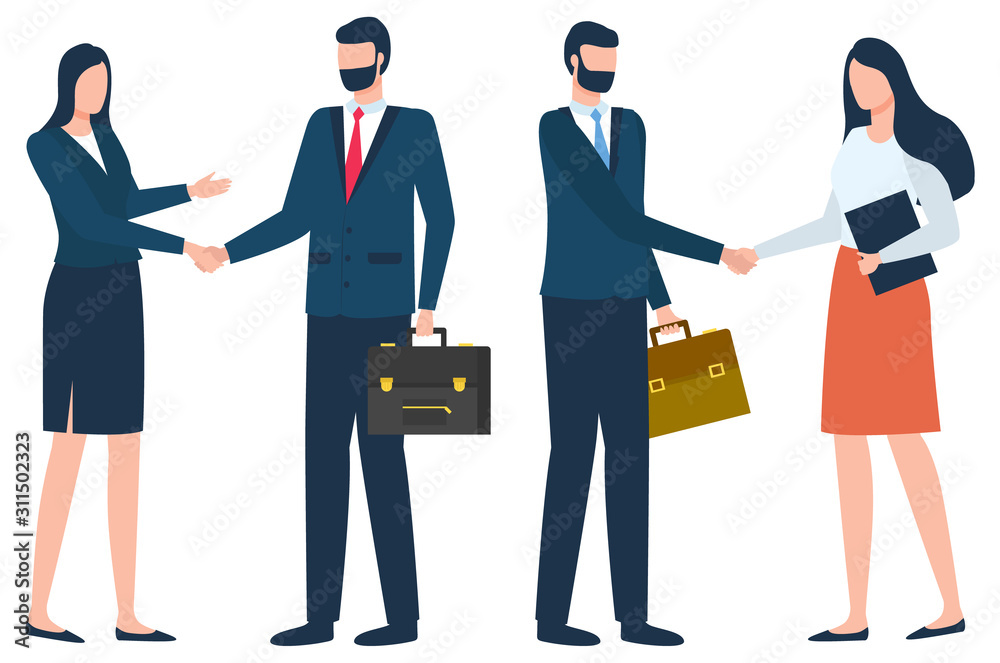International business and global cooperation. Women and men shaking their hands confirming agreement and deal. Man with suitcase and woman with black tablet. Vector illustration in flat style International business and global cooperation. Women and men shaking their hands confirming agreement and deal. Man with suitcase and woman with black tablet. Vector illustration in flat style