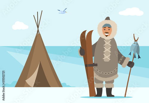 Arctic person outdoors standing by shelter holding ski equipment and wooden stick with hunted fish. Man living in northern parts. Bird flying at sky. Cold weather, freezing climate vector in flat